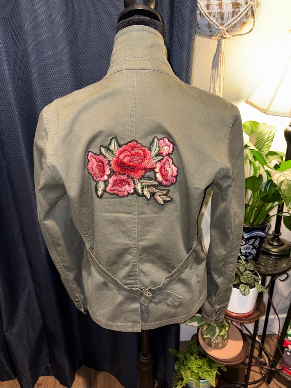 Ashley By 26 International Olive Utility Jacket with Pink Floral Embroidery S/M